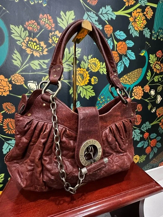 Bally Mopeeh Quilted Leather Shoulder Bag Brown Chain Medallion Y2K Italy - Picture 5 of 14